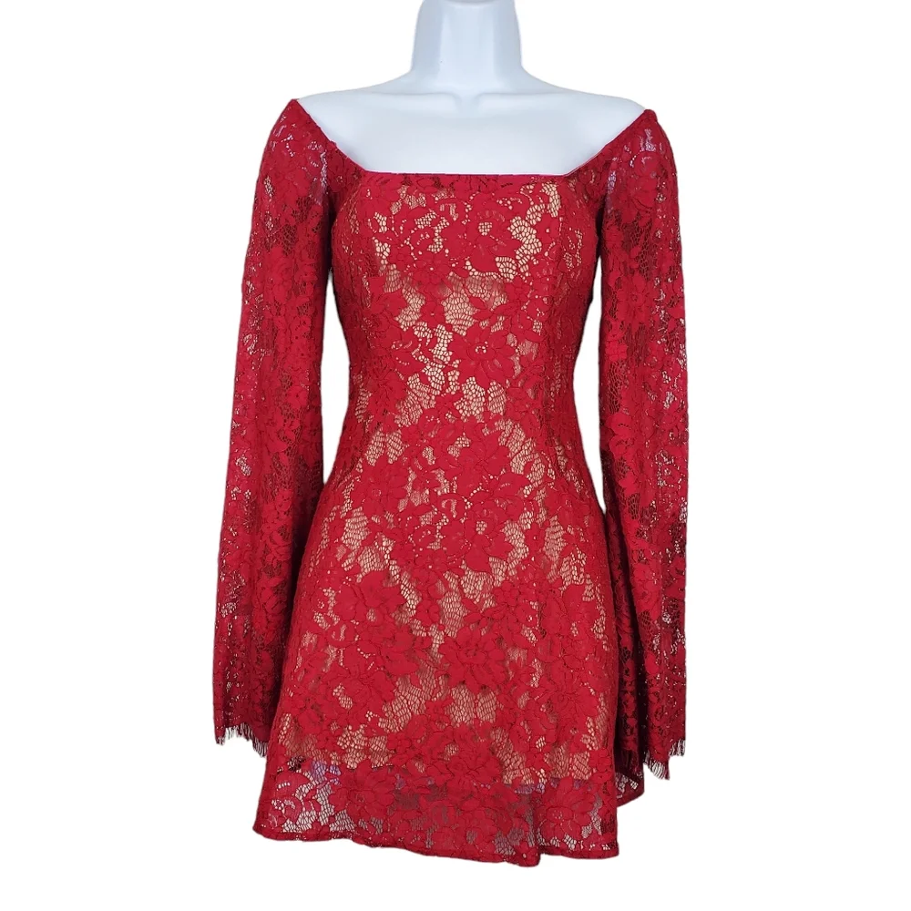 Majorelle Womens Benson Flare Sleeve Red Lace Mini Dress Size XS - Picture 1 of 9